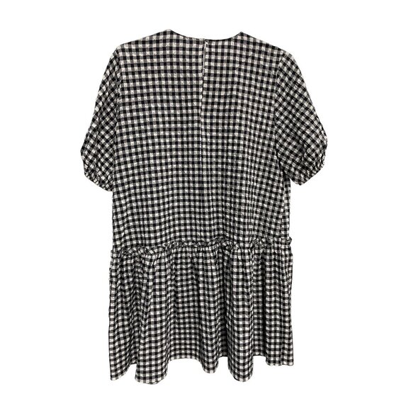 Zara Mini Dress Size XL Tiered Gingham Short Sleeve Textured Black White Ruffle - Picture 2 of 9